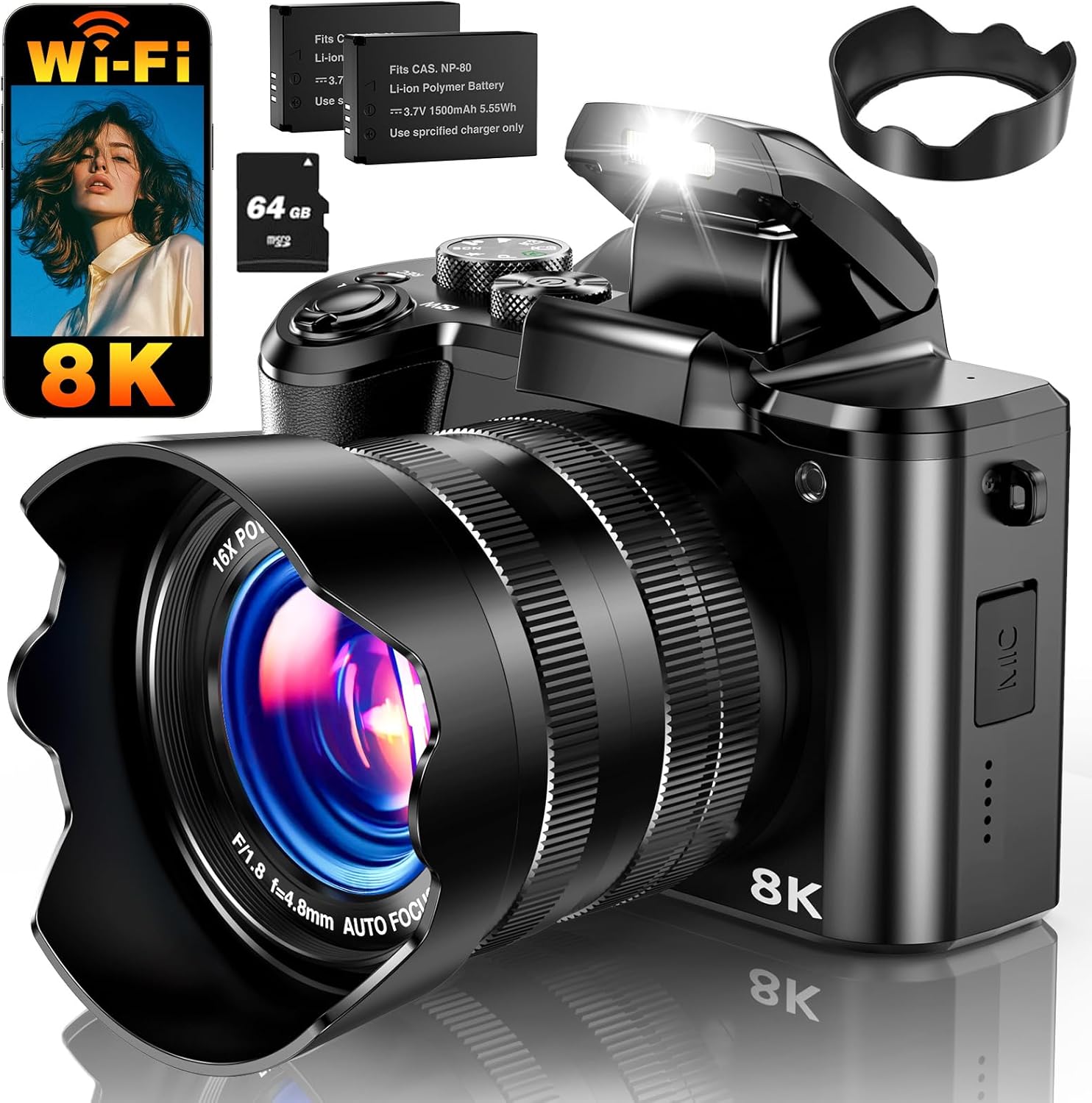 8K Digital Camera, 88MP WiFi Cameras for Photography with 3.2″ Touchscreen, 16X Zoom Autofocus Vlogging Camera for YouTube Video, Anti-Shake, Dual Camera, 2 Batteries, 64GB Card, Flash, Lens Hood