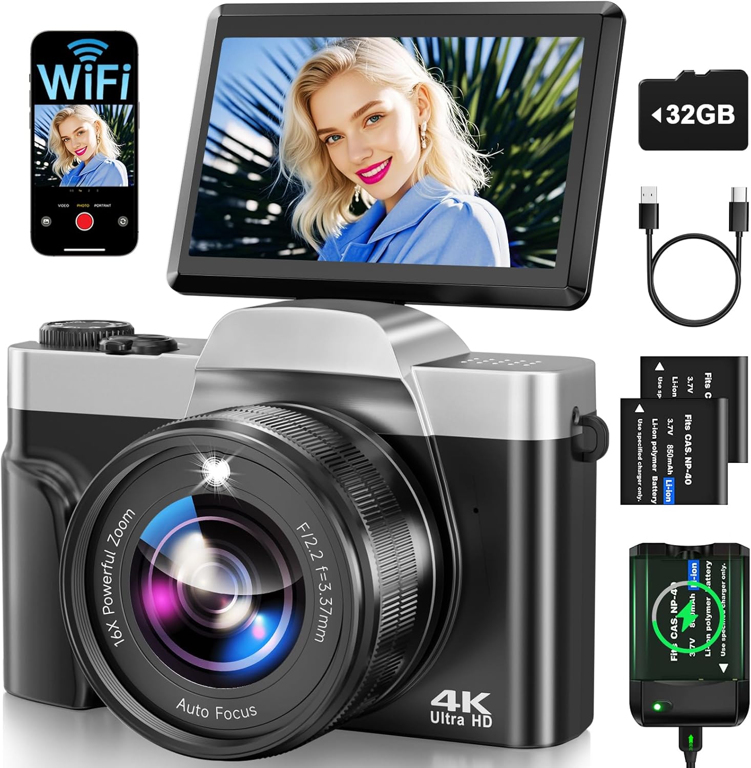 4K Digital Camera for Photography with WiFi 64MP Auto-Focus Vlogging Camera for YouTube Video 3” 180° Flip Screen 4K Cameras 16X Zoom Anti-Shake Compact Point and Shoot Cameras with SD Card
