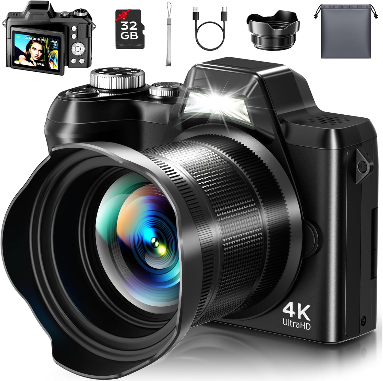 4K Digital Camera for Photography, Autofocus 56MP Vlogging Camera for YouTube/Content Creators/Travel, 16X Zoom Video Camera with 3″ 180°Flip Screen & Lens Hood, Gift Ideas for Teens & Beginners