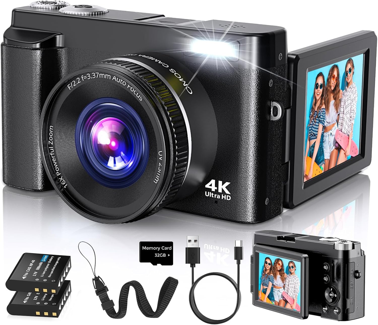 4K Digital Camera for Photography Autofocus, 2025 Latest 48MP Vlogging Camera for YouTube with SD Card, 2 Batteries, 3″ 180°Flip Screen Compact Travel Camera for Teens with 16X Zoom, Anti-Shake,Black