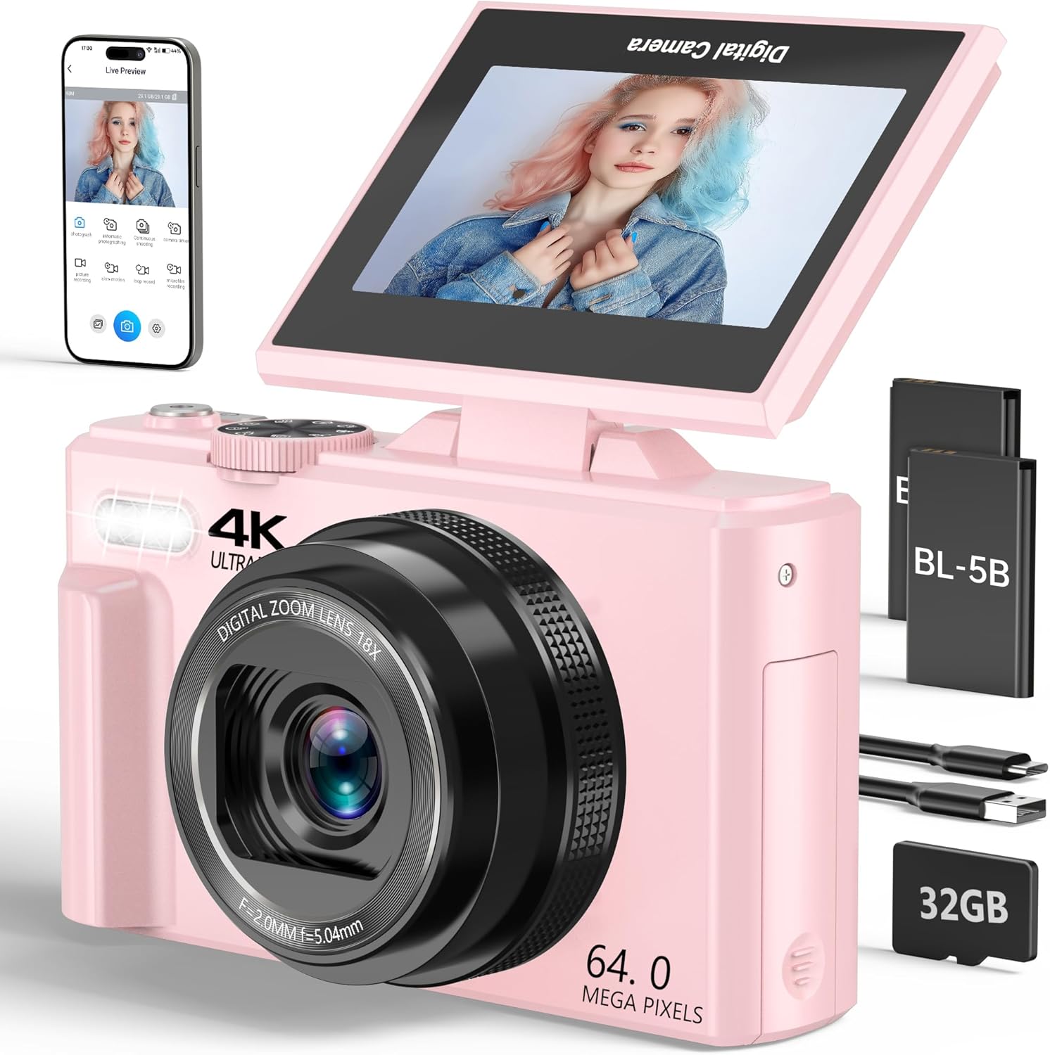 4K Digital Camera for Photography, 64MP Vlogging Camera for YouTube with 3″ 180° Flip Screen, 18X Digital Zoom Point and Shoot Camara with 32GB Micro SD Card for Beginner (LP)