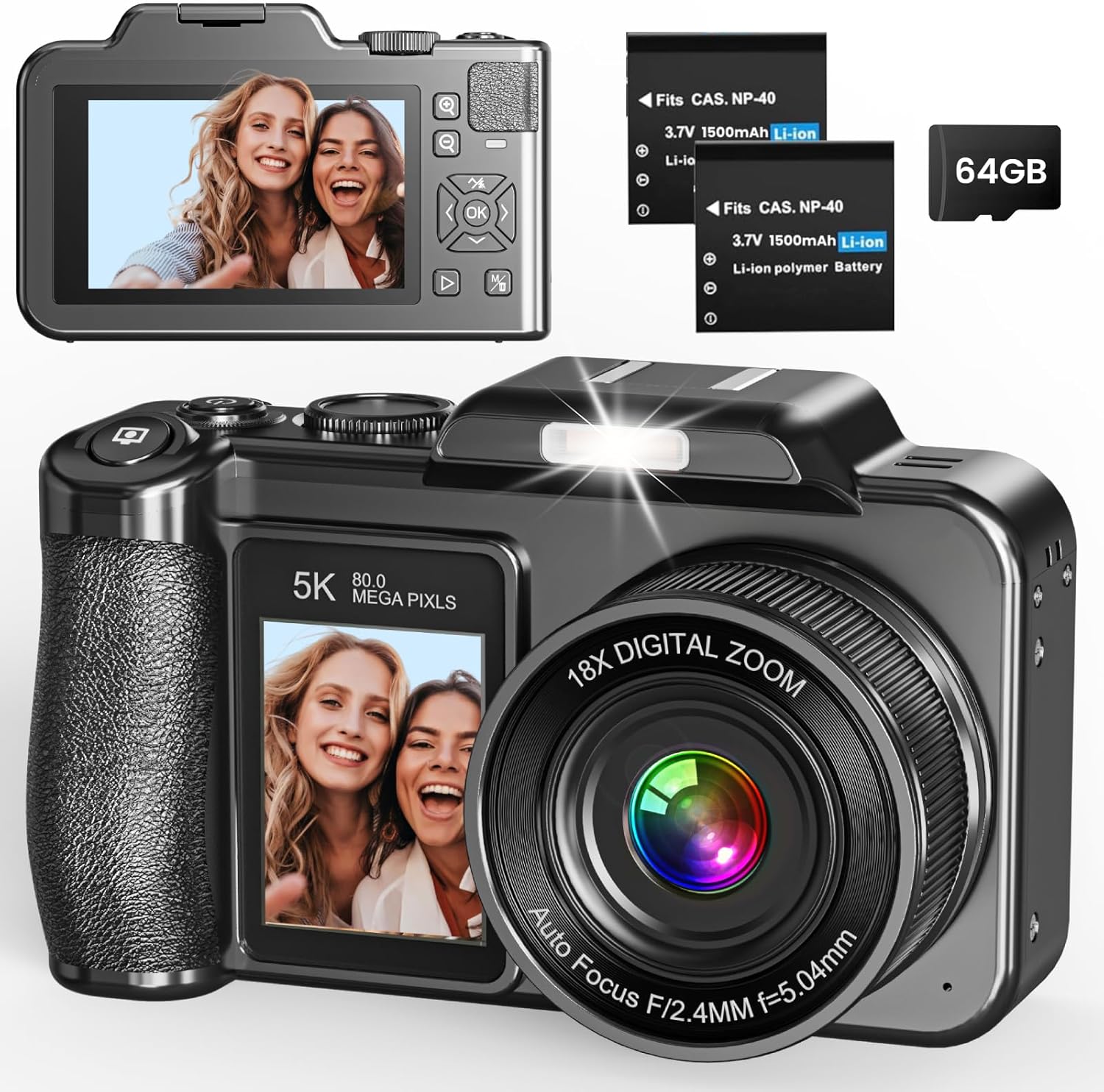 Digital Camera, 5K 80MP 3.5″+2″ Dual Screen Cameras for Photography Autofocus, 18X Digital Zoom Vlogging Camera for YouTube, Travel, Beginners, Include 64GB Card and 2 Batteries, Black