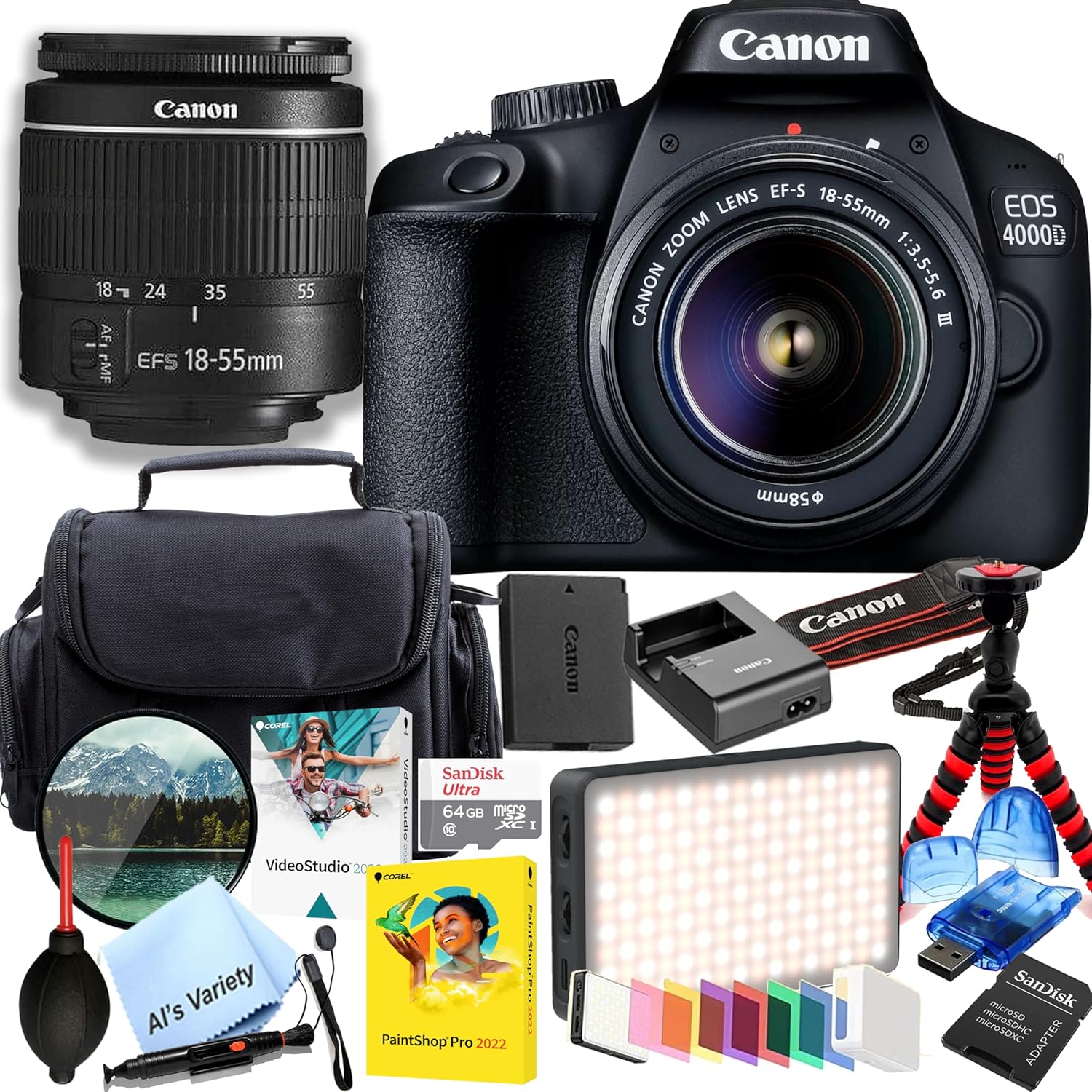 Canon EOS 4000D / Rebel T100 DSLR Camera w/EF-S 18-55mm F/3.5-5.6 Zoom Lens + 64GB Memory, LED Video Light, Filter, Tripod and More (Renewed)